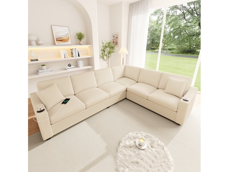  Canapé d’angle modulable 6 places en velours côtelé beige avec usb-c, 277x215x85 cm  - Conforama B