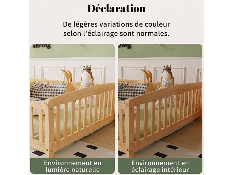  Lit au sol enfant 140x200 cm avec barrière de sécurité - bois de pin naturel accès central  - Conforama E