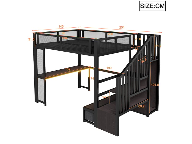  Lit mezzanine enfant 140 x 200 cm en métal noir avec bureau, rangement, usb et led  - Conforama E