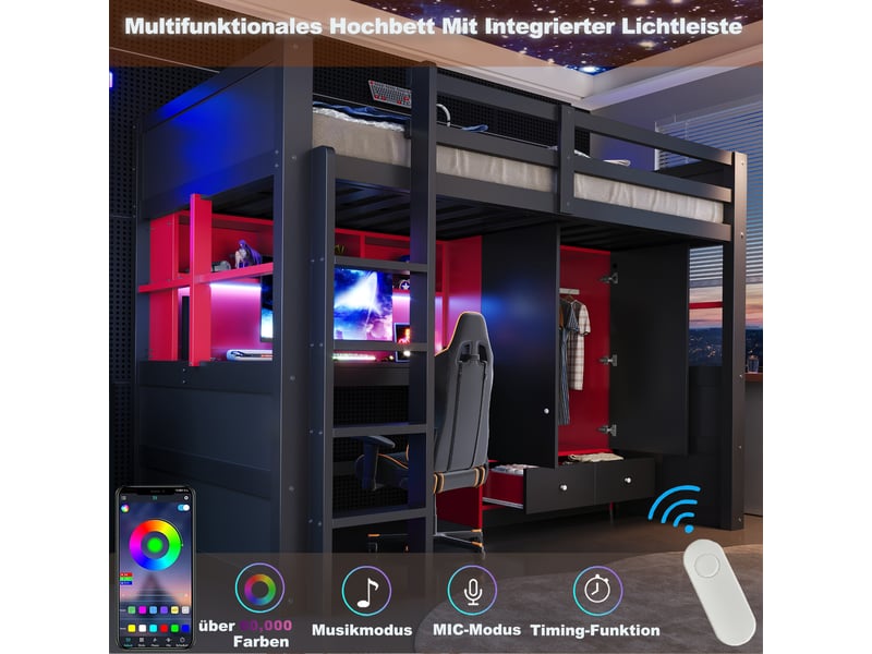  Lit mezzanine 90x200 cm avec bureau et armoire - lit enfant avec rangement, tiroirs et led - noir et rouge  - Conforama D