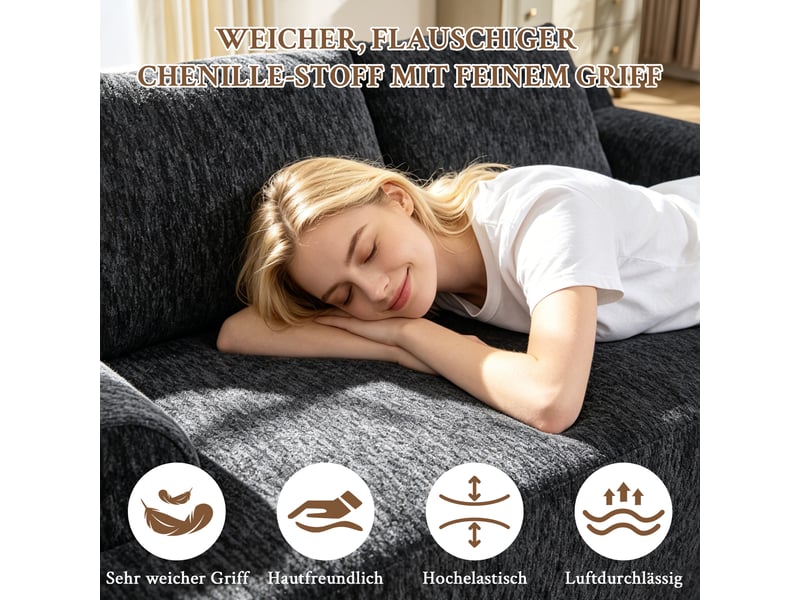  Canapé 2 places, assise profonde avec mousse à mémoire de forme, coussins, poche latérale, velours côtelé, noir  - Conforama E