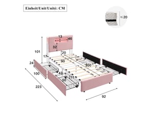 Lit avec rangement 90x200 cm <strong></strong>  <strong></strong> coloris rose