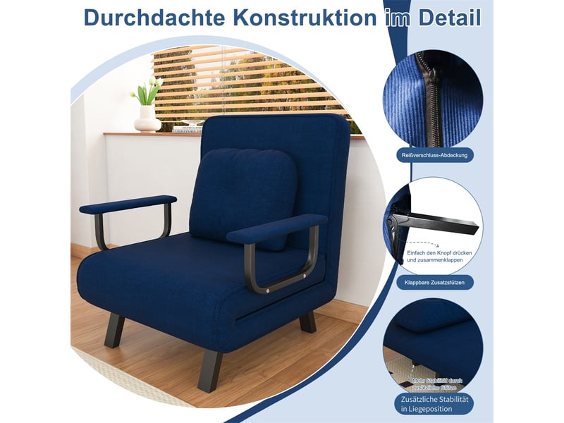  Fauteuil de relaxation convertible 60 x 60 x 80 cm – dossier réglable 5 positions lit 180° – chenille – bleu  - Conforama D