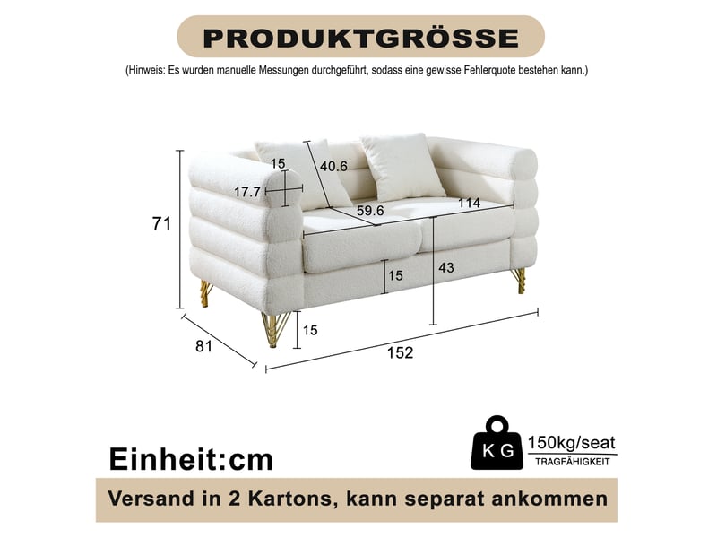 Canapé 2 places 152x81x71 cm en tissu teddy blanc avec pieds en métal doré chicfurn - Conforama D