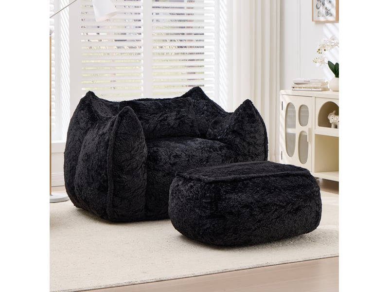  Fauteuil poire modenvie en fausse fourrure avec repose-pieds, coussin et mousse déchiquetée haute densité, noir, 123 x 157 x 73 cm  - Conforama B