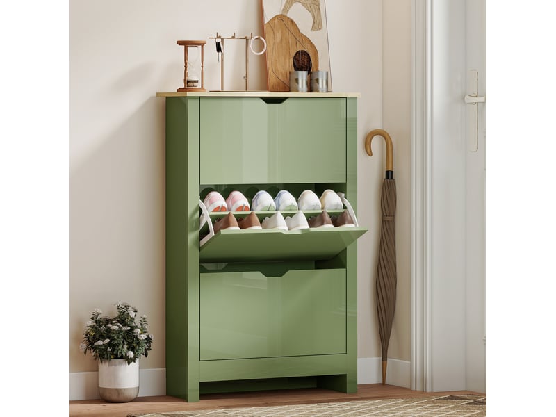  Meuble à chaussures 18 paires, armoire à chaussures à haute brillance, 3 tiroirs rabattables, étagères réglables, vert  - Conforama A