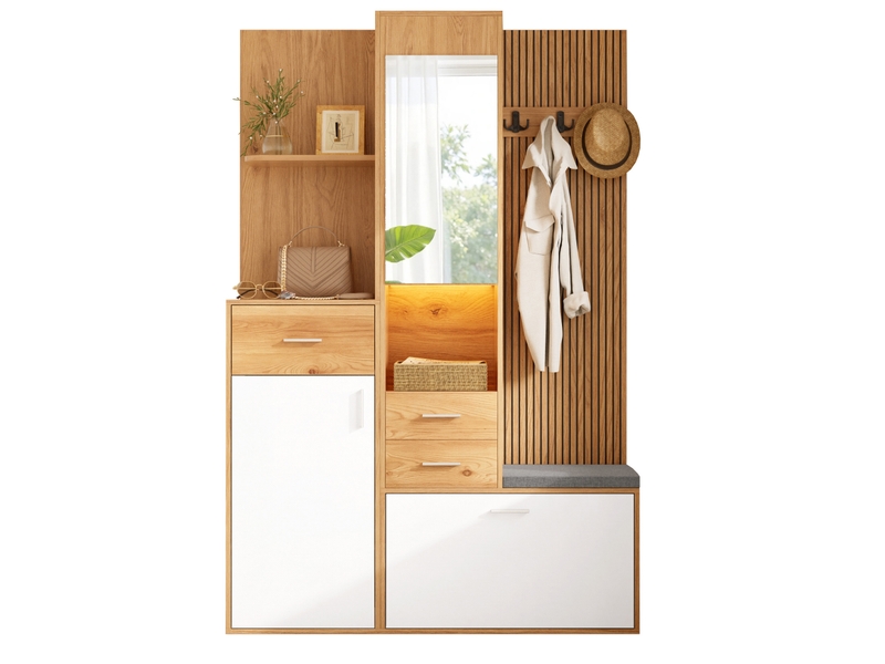  Meubles d'entrée avec miroir, banc, tiroirs, rangement à chaussures, led réglable et crochets 120 × 32 × 178 cm  - Conforama A
