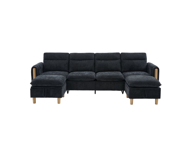 Canapé modulable 4 places 261x77x86 cm noir en chenille, ensemble en u, 2 poufs coffre, pieds bois et poches latérales pour salon  - Conforama C