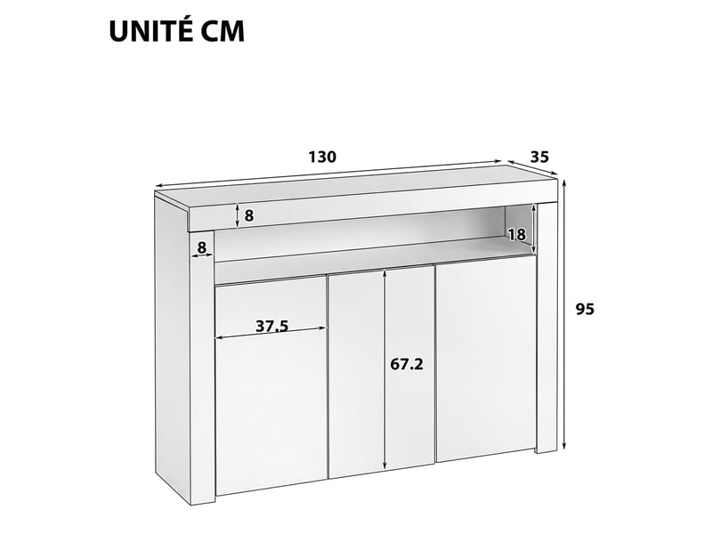  Buffet blanc laqué brillant meuble de rangement 3 portes led 130cm  - Conforama C