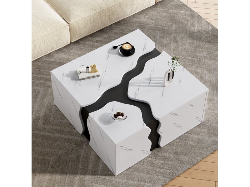  Table basse cubique avec 1 tiroir à ouverture par pression, finition aspect marbre blanc, pour salon, 70 × 70 × 31 cm  - Conforama D