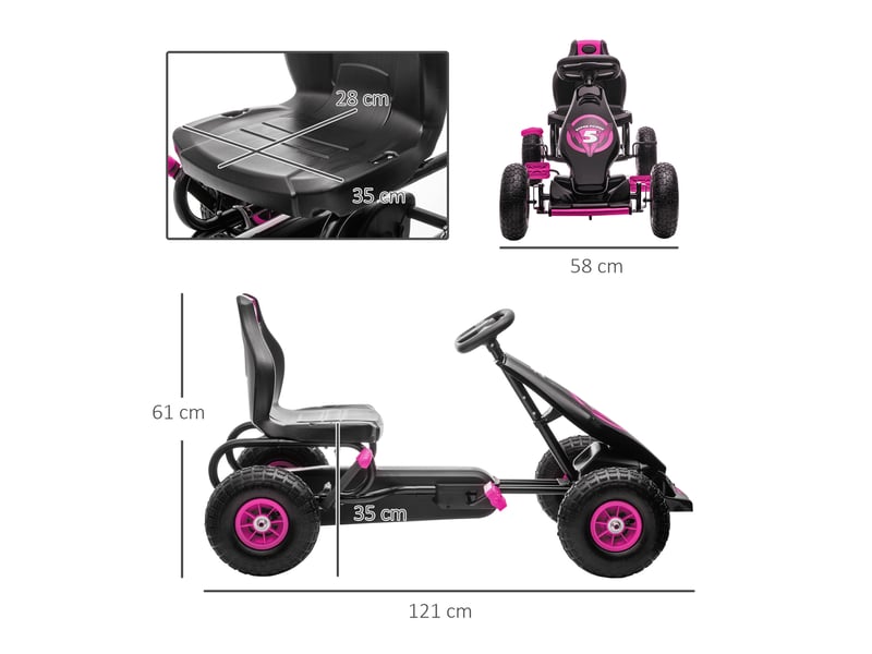  Karting à pédales pour enfants de 5 à 12 ans avec siège réglable, en métal et polypropylène, dimensions : 121 x 58 x 61 cm, rose et noir.  - Conforama E
