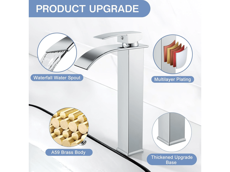  Robinet de lavabo cascade en argent chromé, mitigeur d'évier avec bec haut 232 mm, robinet cascade en argent chromé g 38  - Conforama B
