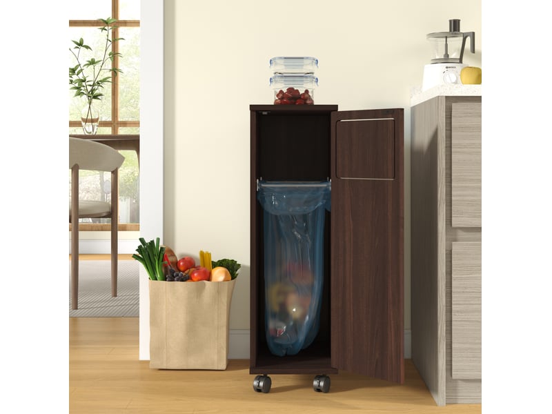  Meuble poubelle à roulettes 1 porte 24,2x35,1x80,2 cm mdf noyer brillant  - Conforama B