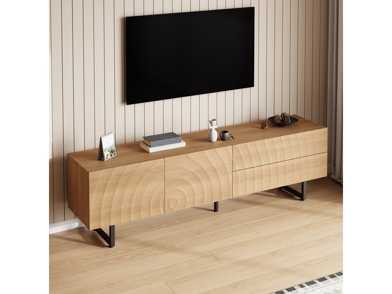  Meuble tv 180 cm bois naturel scandinave avec texture 3d et pieds métal  - Conforama D