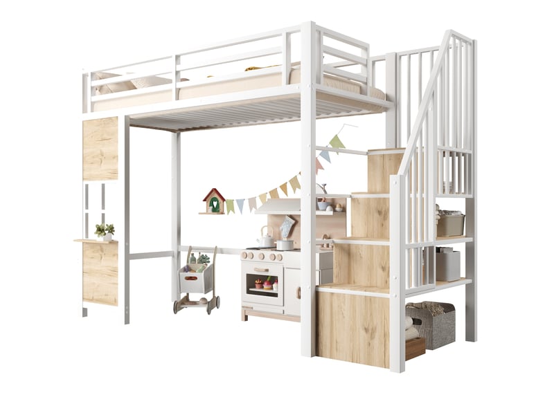  Lit mezzanine enfant 90x200 cm avec escalier de rangement blanc  - Conforama A