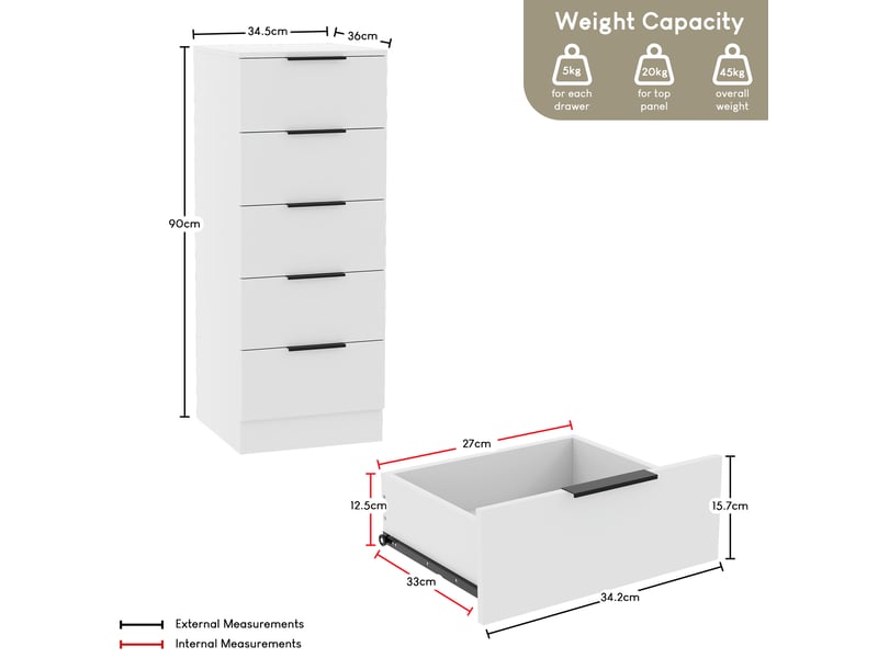  Commode trega 5 tiroirs étroite, chambre, rangement, petit espace, 90x34,5x36cm, noir 3332113 - Conforama D