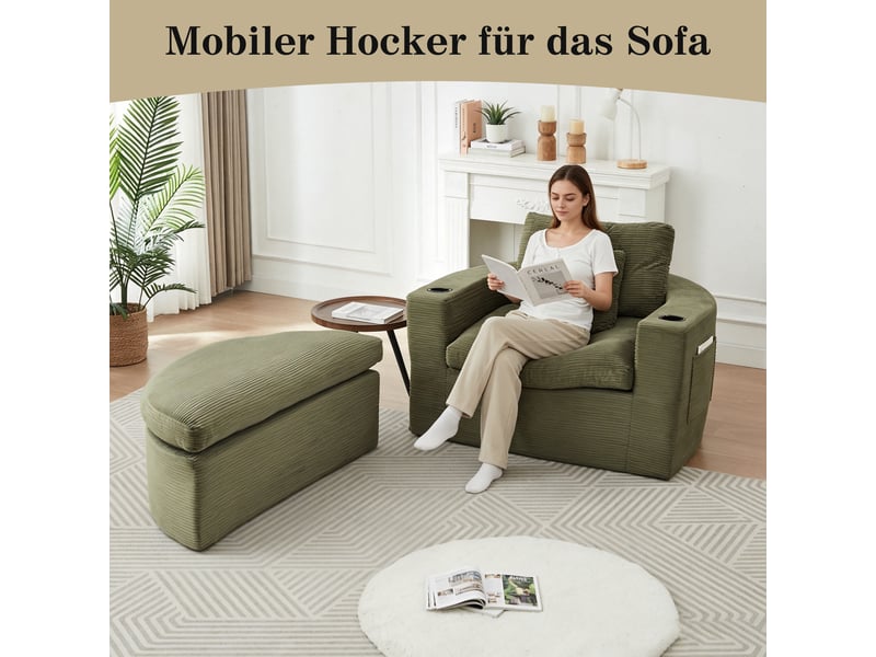  Canapé 1 place avec repose-pieds, rangement intégré et porte-gobelet, design lounge, velours côtelé, vert OMNIGLINT TRADING LTD - Conforama E