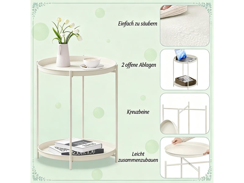  Table basse ronde avec 2 plateaux métalliques, structure stable, design moderne, pour salon et chambre, 44 × 44 × 53 cm  - Conforama E
