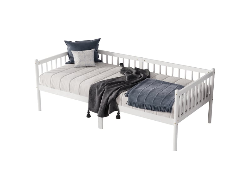  Lit chambre couchage rangement 90x200 bois pin blanc avec barrieres trois cotes homvra  - Conforama A