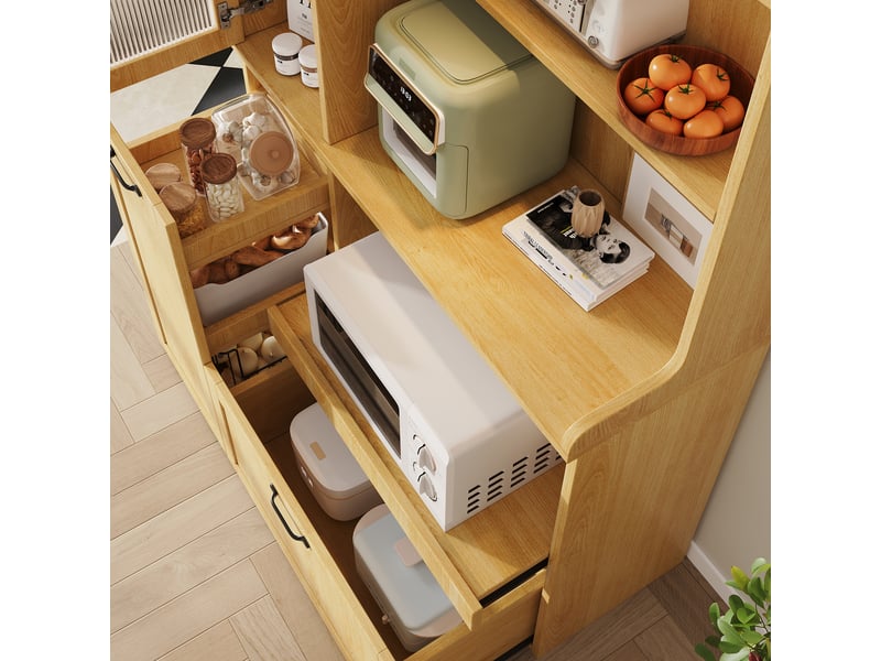 Buffet haut 98 x 40 x 177 cm avec tiroir, étagères réglables et verre cannelé, naturel Fay Lum - Conforama E