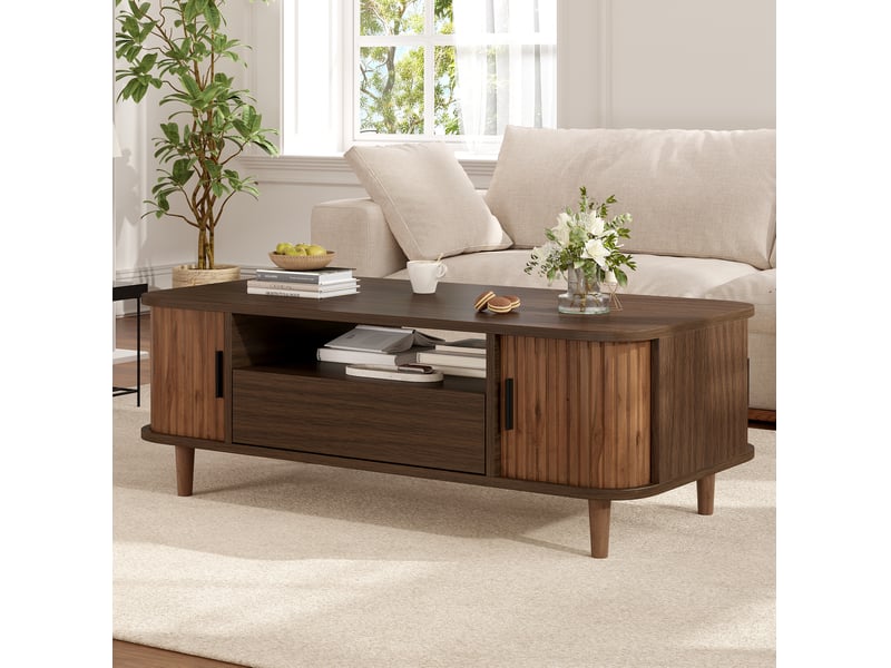  Table basse 100x50x35 cm coloris noyer avec 1 tiroir et 2 portes roulantes  - Conforama B