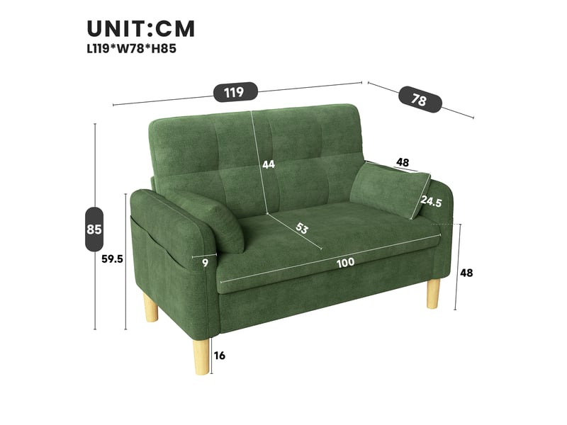  Canapé 2 places vert en tissu chenille avec 2 coussins inclus  - Conforama D