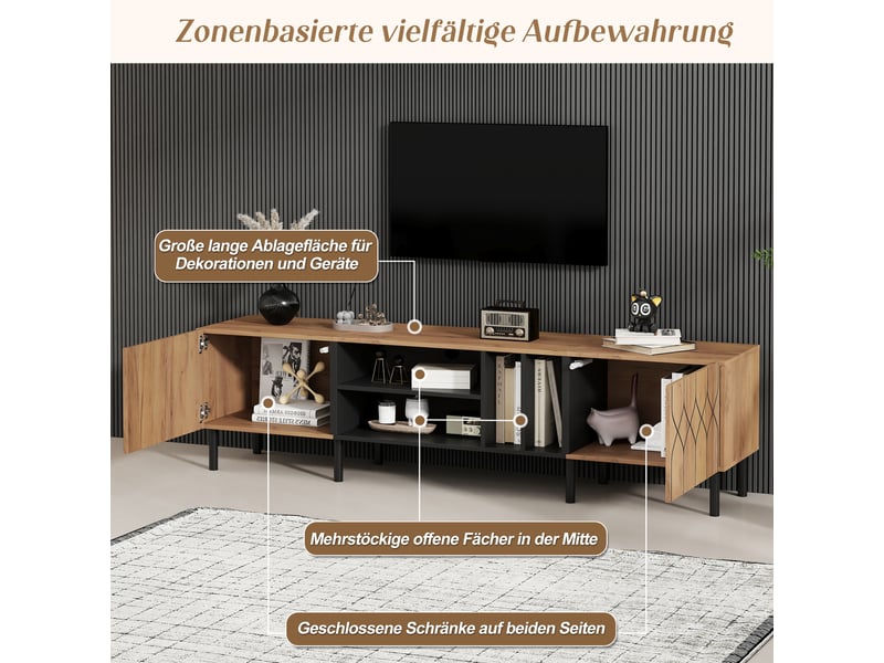  Meuble tv 180 cm pour téléviseur jusqu'à 70 pouces, meuble tv bois naturel et noir avec rangement fermé et quatre niches ouvertes  - Conforama R