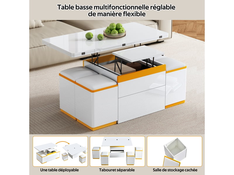  Table basse relevable et extensible avec 4 poufs, table basse moderne brillante, 100x50x43cm  - Conforama R