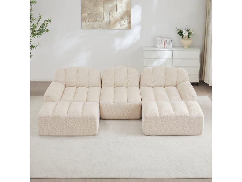  Canapé panoramique coquille 3 places, 2 poufs beigeblanc – 288 x 165 x 79 cm Fay Lum - Conforama B