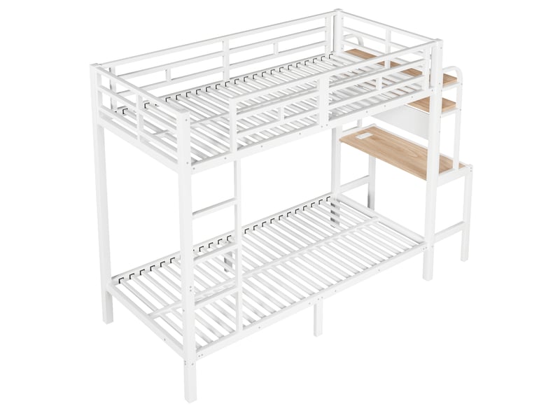  Lit superposé 90x200 cm blanc en métal avec bureau, led, usb et garde-corps  - Conforama E