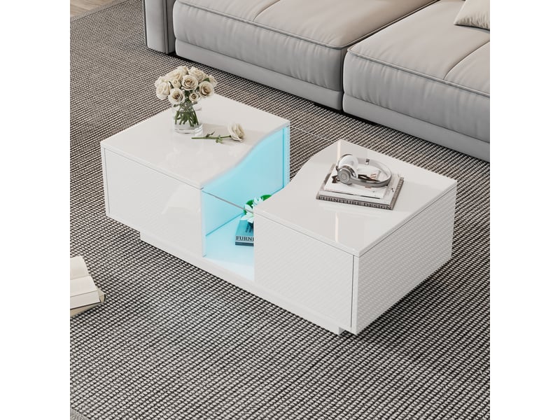  Table basse led blanche 100x50x35 cm avec 2 tiroirs de rangement, table de salon moderne haute brillance et plateau en acrylique  - Conforama B