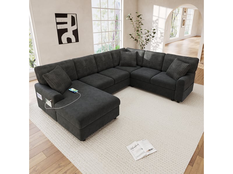  Canapé panoramique en u avec ports usb et type-c, 3 coussins, revêtement chenille et corduroy gris  - Conforama C