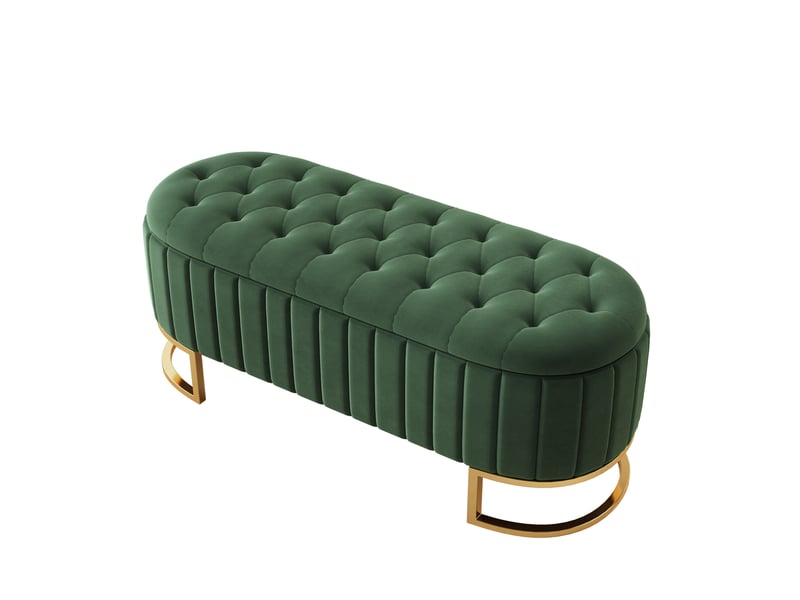  Banc de rangement 120 x 39,9 x 43 cm vert en velours, assise rembourrée, pieds en métal pour salon  - Conforama A