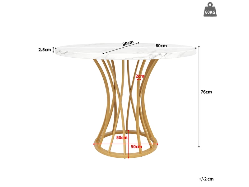  Table ronde 80x80x76cm, pour salon, style géométrique, plateau aspect marbre (non marbre) en mdf, pieds dorés, teinte or  - Conforama C