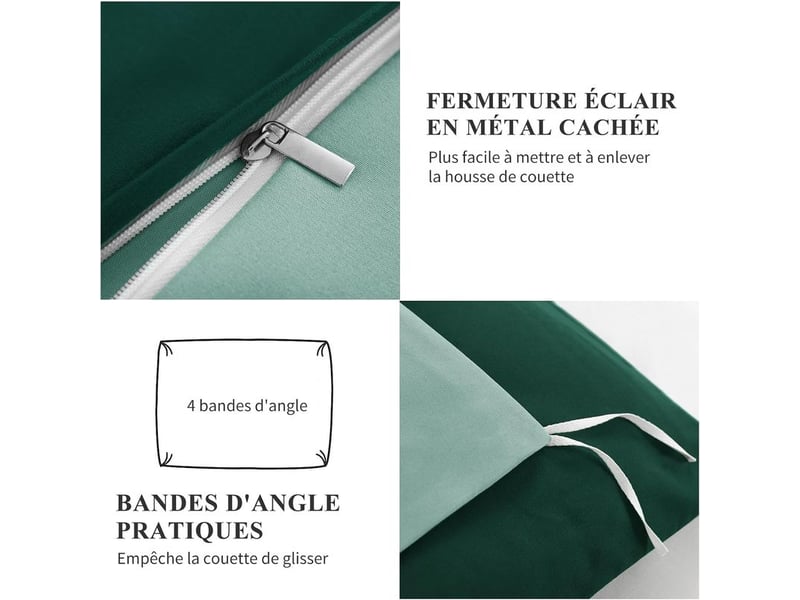  Housse de couette 140x200 réversible avec 1 taie d'oreiller 65x65 cm (vert foncévert) - parure de lit 140 x 200 adulte 1 personne microfibre, parure couette avec fermetures éclair  - Conforama D