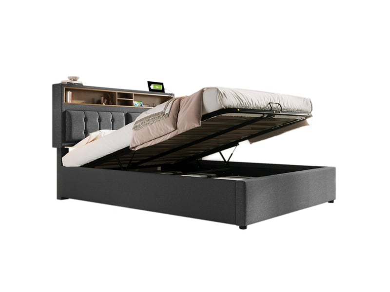 Lit coffre 160x200 avec usb et prises, tête de lit réglable, gris cravdom - Conforama A