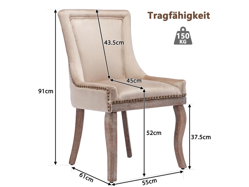  Chaise de salle à manger lot de 4 avec dossier rembourré et clous décoratifs, en velours beige et bois  - Conforama C
