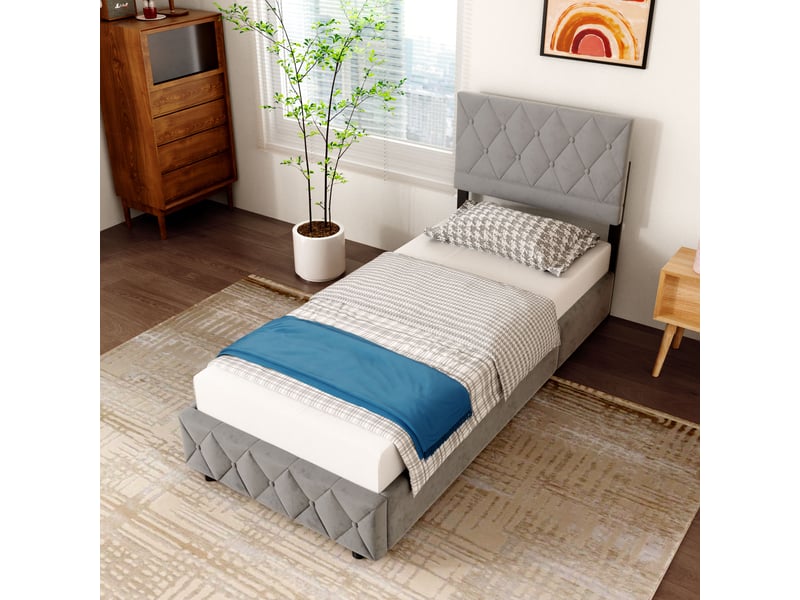  Lit rembourré 90x200 cm avec sommier à lattes gris evryae  - Conforama C