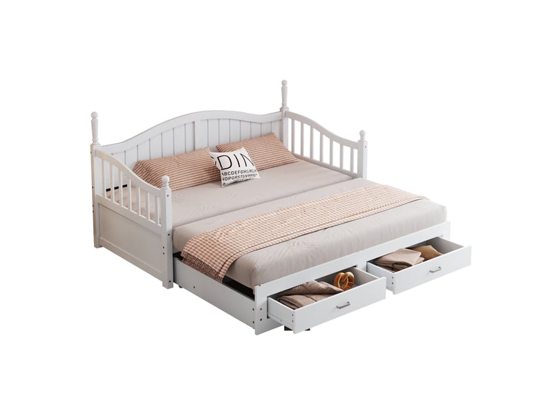  Lit banquette extensible 90x190 cm convertible en 180x190 cm en bois massif, avec tiroirs, sommier à lattes et dossier courbé - blanc  - Conforama A