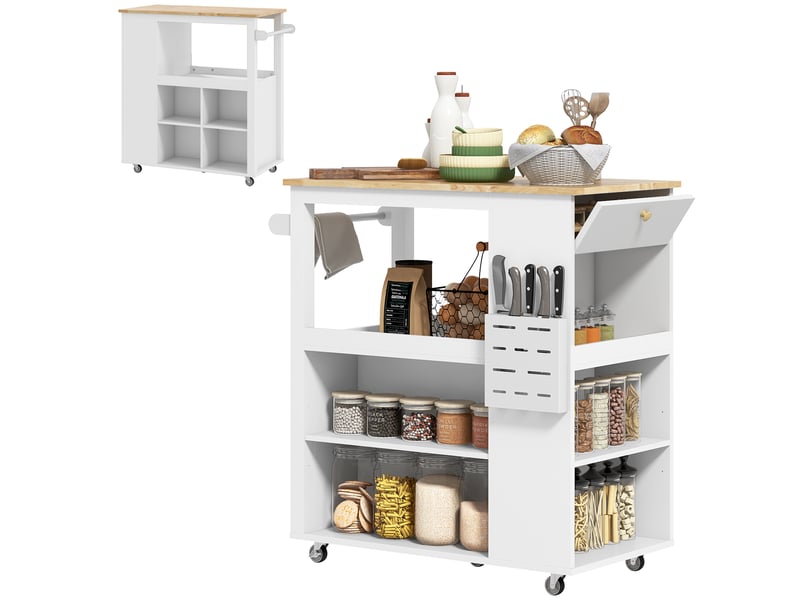  Chariot de cuisine avec étagères réglables, porte-couteaux et plateau en bois, 86,5 x 47 x 88 cm, blanc  - Conforama A