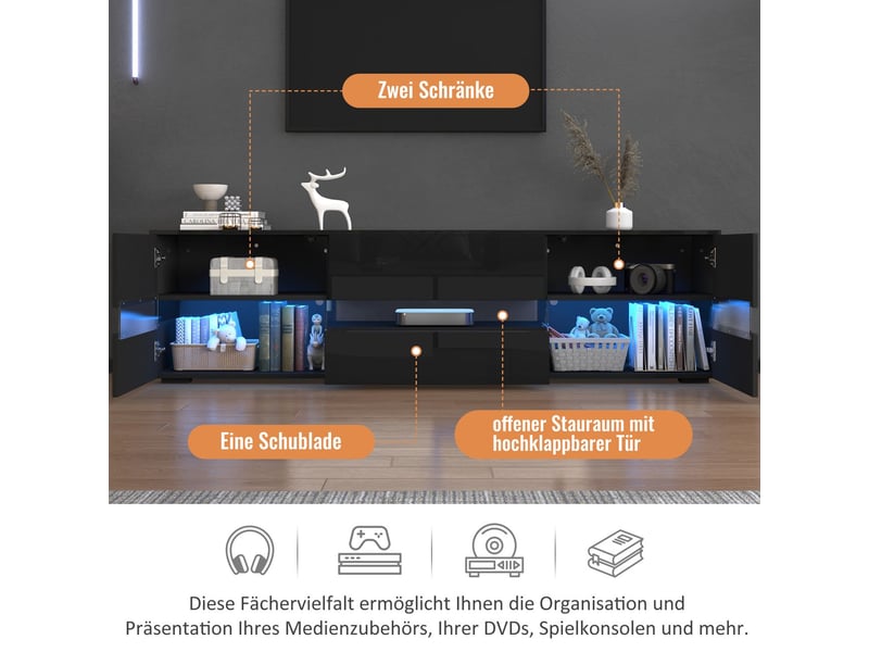  Meuble tv led 160 x 39 x 45 cm finition noire brillante 2 portes 1 tiroir compartiment ouvert insert en verre acrylique ouverture par pression adapté aux téléviseurs de 70 pouces  - Conforama C