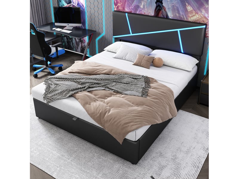  Lit double avec rangement hydraulique et led 140x200 cm, tête de lit en pu noir  - Conforama E