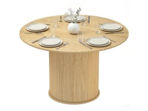 Table à manger ronde pour 5 personnes, ø 120 x 75 cm, table de cuisine avec base cylindrique cannelée, bois naturel