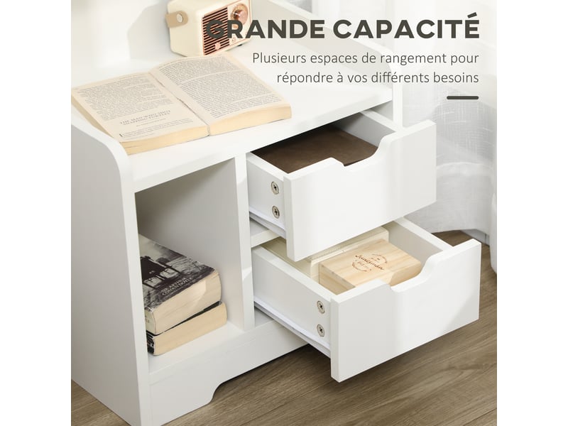  Table de chevet table de nuit multi-rangement 2 tiroirs étagère niche en bois blanc  - Conforama E