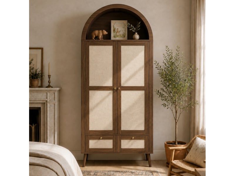  Armoire 2 portes modenvie 80 x 55 x 180 cm avec 2 tiroirs, penderie et niche ouverte, mdf noyer et beige  - Conforama E