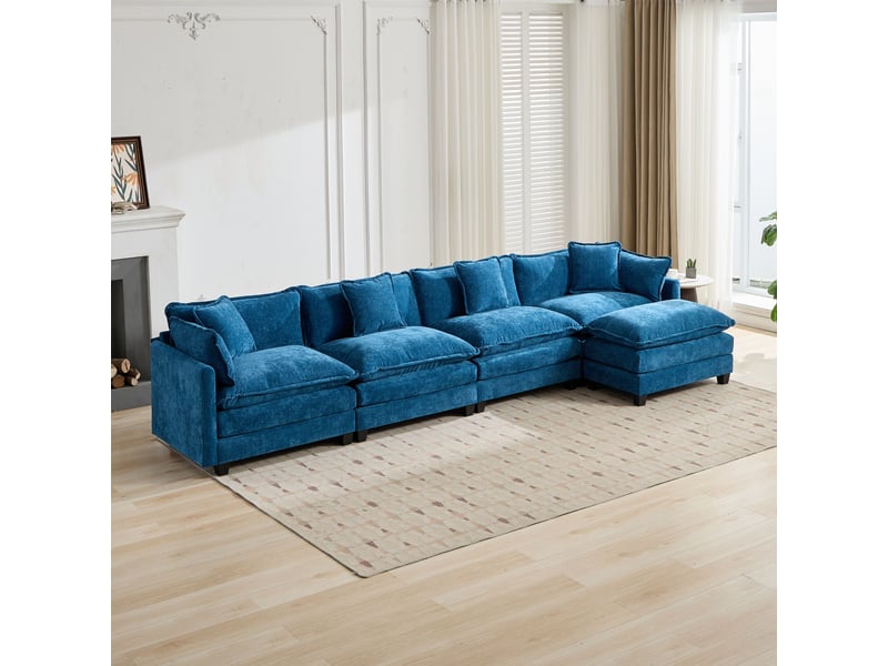  Canapé modulable 4 places cloud bleu en tissu chenille, assise double coussin confortable  - Conforama E