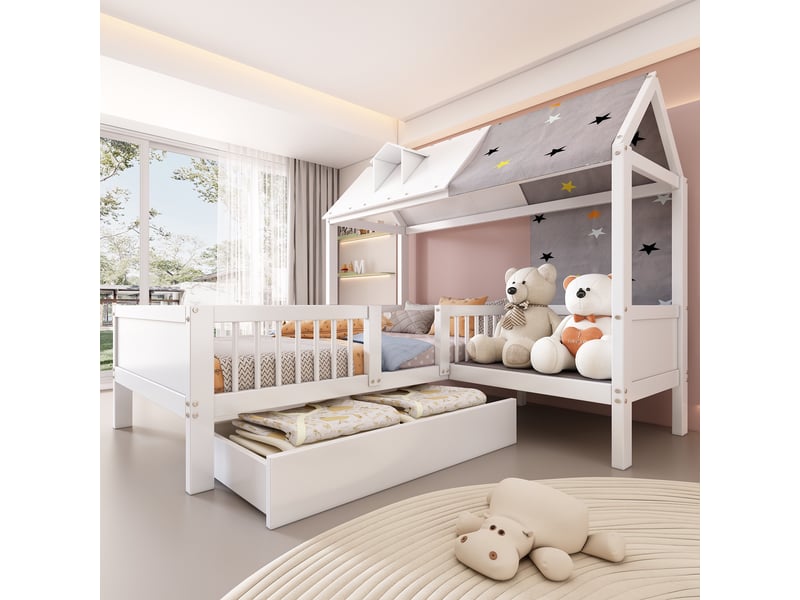  Lit cabane enfant, 90x200 cm, lit simple de jeu avec tiroirs de rangement et tissu de tente, style scandinave, blanc  - Conforama B