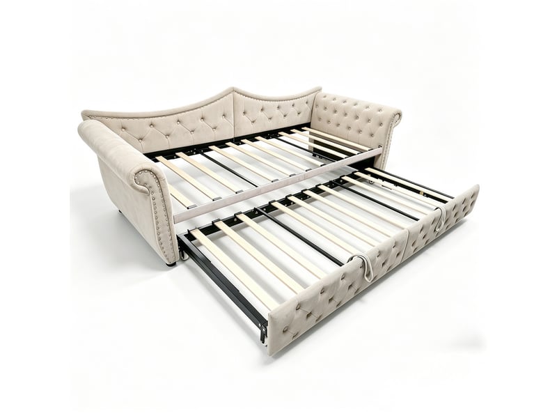 Lit rembourré 3-en-1, 90180x200 cm, avec port de chargement usb, éclairage d'ambiance led, velours beige - Conforama A