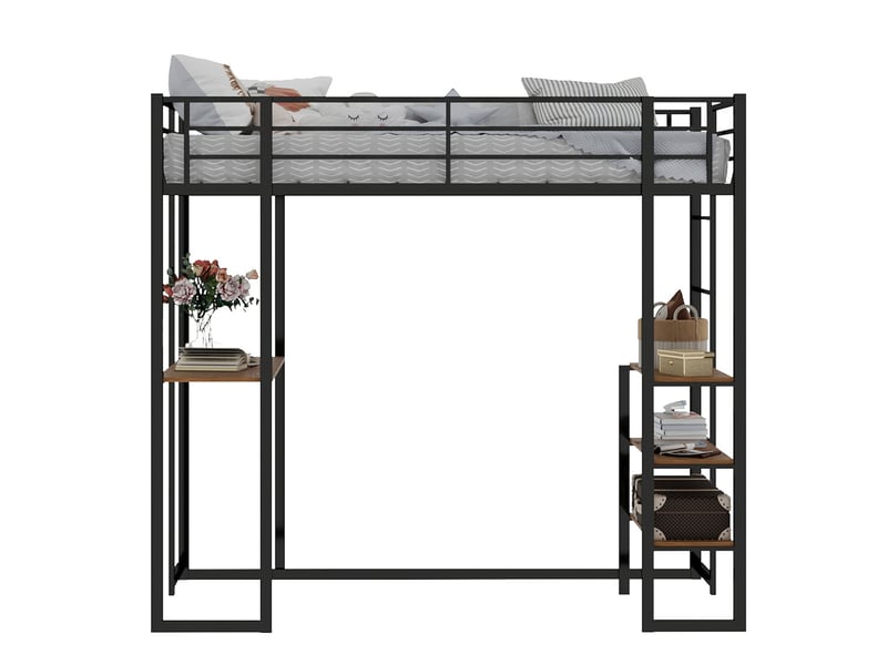  Lit simple 90x200 cm avec bureau en l, lit mezzanine avec barrières de sécurité, lit 1 personne, noir  - Conforama C