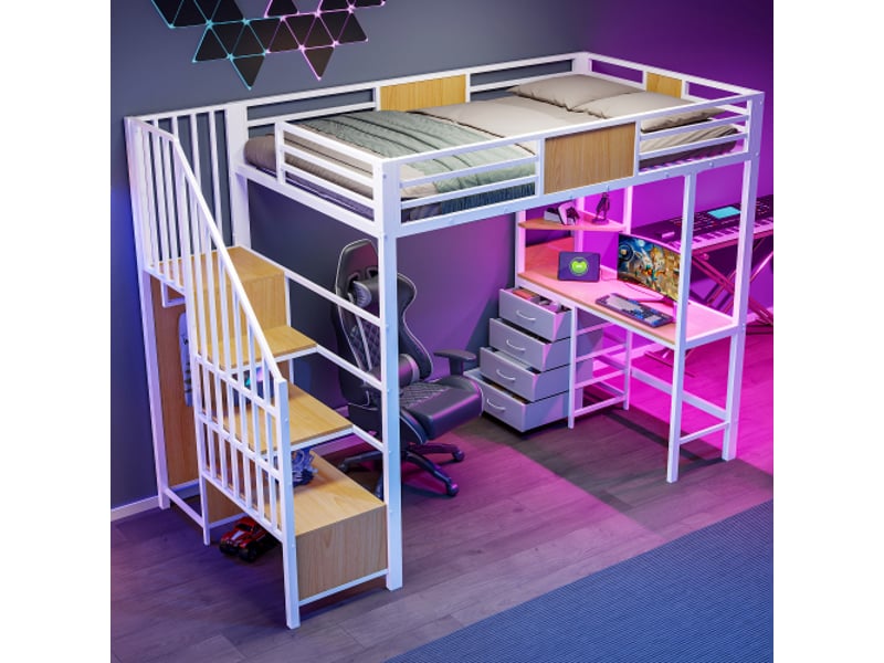 Lit mezzanine métallique 90x200 cm – bureau, rangements, penderie, led et prise électrique - Conforama E